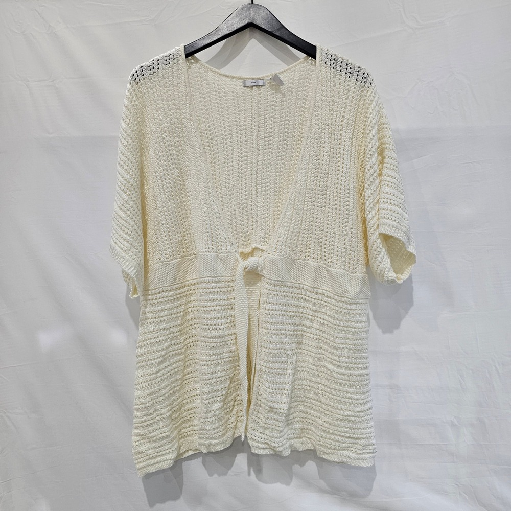Ellos Off White Open Knit Tie Front Cardigan Sweater 3X Short Sleeve Pointelle